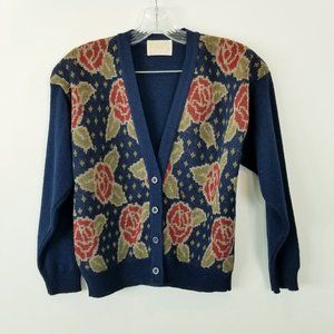 Pendleton Floral Knit Cardigan in Navy, Red, and Gold